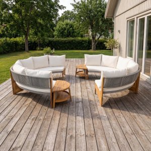 Rund loungesoffgrupp med bord | Tv� soffor i rope & acaciatr� | Creme