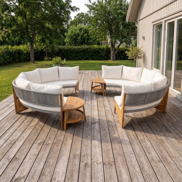 Rund loungesoffgrupp med bord | Tv� soffor i rope & acaciatr� | Creme