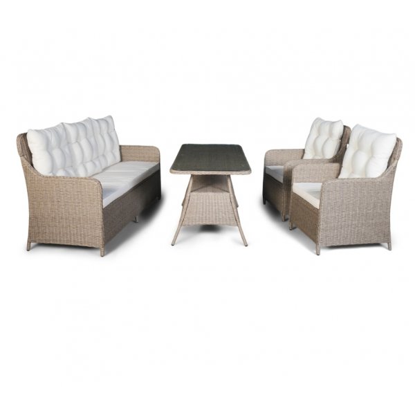 Ljusö utegrupp; 3-sits soffa med bord och fåtöljer - Beige konstrotting Ljusö utegrupp; 3-sits soffa med bord och fåtöljer - Beige konstrotting