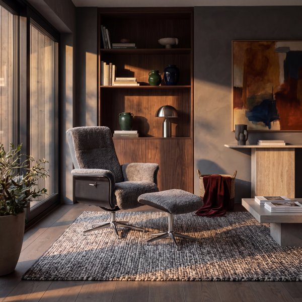 Gr� Teddy F�t�lj med Fotpall Hag�n - Recliner i Ekfan�r & Krom 81x82 cm