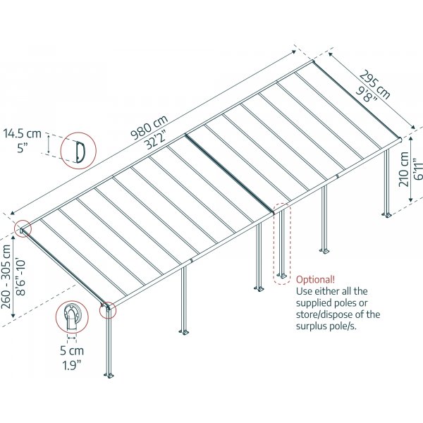 Canopia Olympia Altantag i Aluminium 3 x 10 - Mrkegr/klart glas