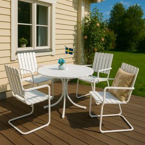 matgrupp utomhus fjäderstål 4 stolar runt bord vitlaserad + rengöringsspray för utemöbler