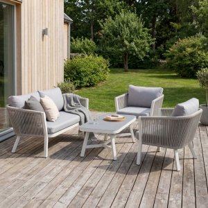 Lounge-Set Grau mit wei�en Kissen - Virya + M�belpflege