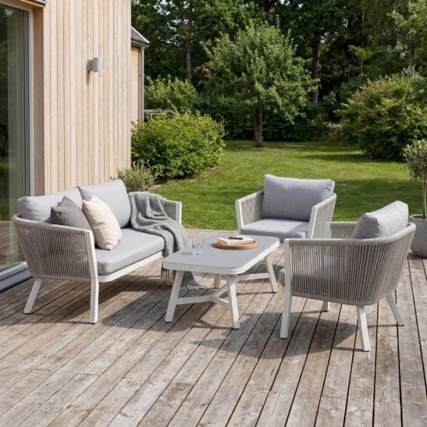 Lounge-Set Grau mit wei�en Kissen - Virya + M�belpflege