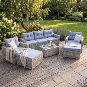 Stor loungegrupp 7 delar | Soffa, f�t�ljer, bord & pallar | Gr� + Fl�ckborttagare f�r m�bler