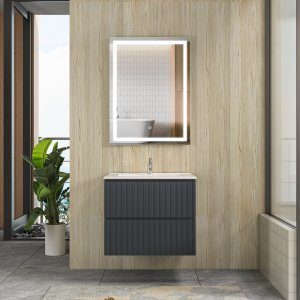 Badrumsm&ouml;bler 60 cm M&ouml;rkgr&aring; LED-spegel - Nero + Toalettpappersh&aring;llare