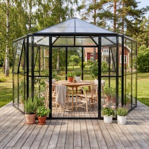 Frist�ende v�xthus Miranda V.2 9 m� h�rdat glas svart - Gardeney