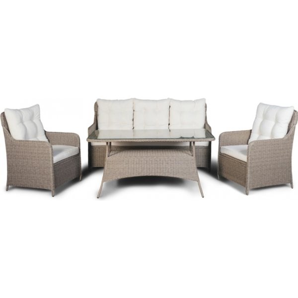 Ljus utegrupp; 3-sits soffa med bord och ftljer - Beige konstrotting