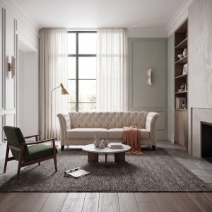 Chesterfield 3-sits Soffa i Beige Sammet - 210 cm med Svartlackade Ben