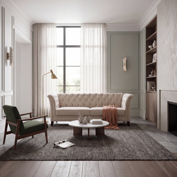 Chesterfield 3-sits Soffa i Beige Sammet - 210 cm med Svartlackade Ben