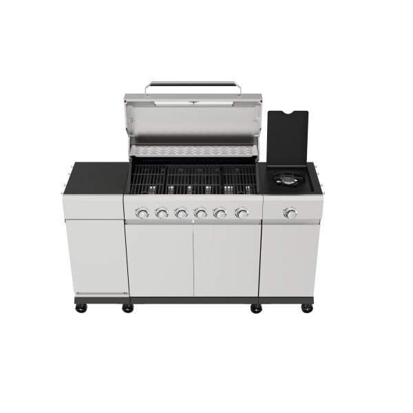 Gasolgrill med sidobr�nnare och f�rvaringssk�p - 6 br�nnare - rostfritt st�l