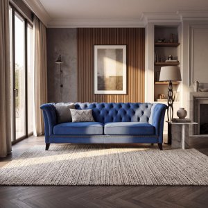Bl� Chesterfield Soffa 3-sits - Milton i Sammet, M�tt 210x82x77 cm