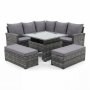 Lounge-Ecksofa für 6-8 Personen mit Tisch und 2 Hockern - Gartenmöbel mit Kissen und Sicherheitsglas Lounge-Ecksofa für 6-8 Personen mit Tisch und 2 Hockern - Gartenmöbel mit Kissen und Sicherheitsglas