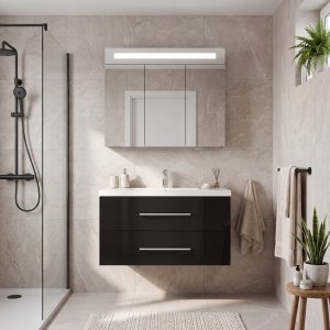 Badrumspaket 90 cm Svart LED-spegelskåp - Malaga + Toalettpappershållare Badrumspaket 90 cm Svart LED-spegelskåp - Malaga + Toalettpappershållare