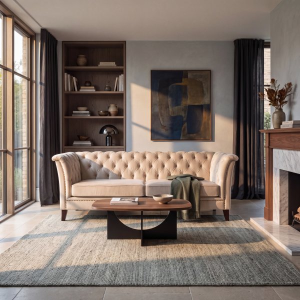 Beige Chesterfield 3-sits soffa Milton - Sammet, bredd 210 & djup 82 cm