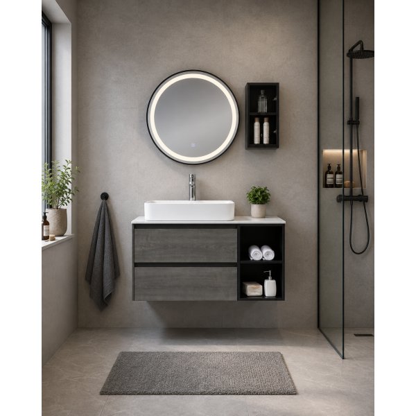 Badrumspaket 90 cm Grå med Spegel och Sidohylla - Dove + Toalettpappershållare Badrumspaket 90 cm Grå med Spegel och Sidohylla - Dove + Toalettpappershållare