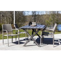 Scottsdale utematgrupp med 4 st karmstolar (stapelbara) och matbord 150 cm - Grå Scottsdale utematgrupp med 4 st karmstolar (stapelbara) och matbord 150 cm - Grå