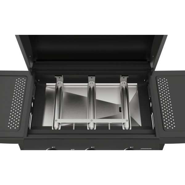 Gasolgrill med lock och varmh�llningsgaller - 3 br�nnare - svart