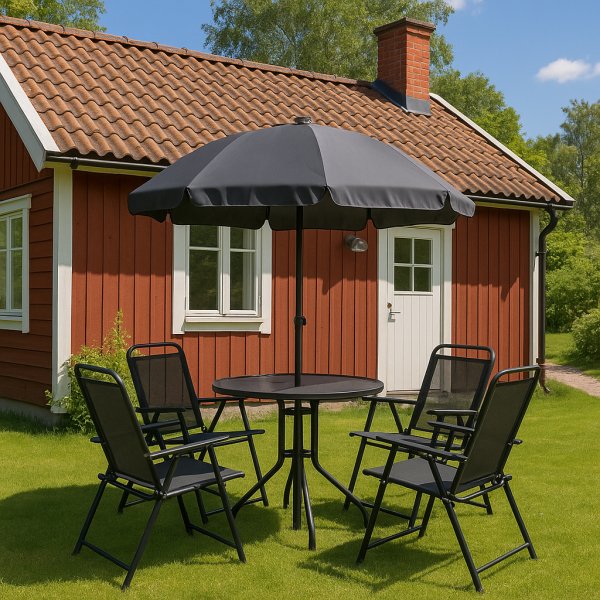 Växjö Gartengruppe komplett mit Tisch, 4 Stühlen und Sonnenschirm + Textilimprägnierung für Outdoormöbel Växjö Gartengruppe komplett mit Tisch, 4 Stühlen und Sonnenschirm + Textilimprägnierung für Outdoormöbel