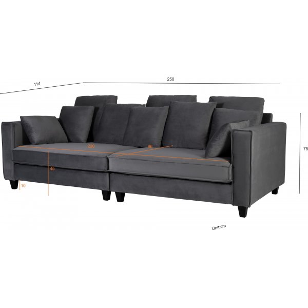 Soffa 250 cm bred m�rkgr� sammet 114 cm djup