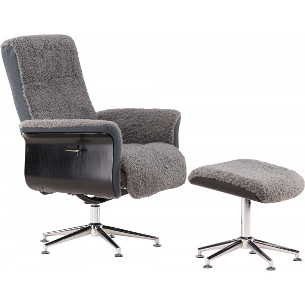 Sessel mit Hocker, grauer Teddy