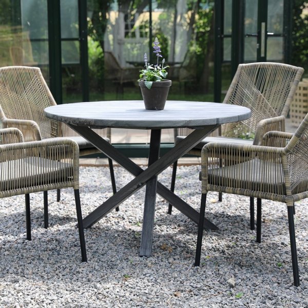 Runder Gartentisch Scottsdale - Ø112 cm | Rustikales Grau + Reinigungsspray für Gartenmöbel Runder Gartentisch Scottsdale - Ø112 cm | Rustikales Grau + Reinigungsspray für Gartenmöbel