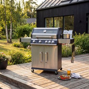 Gasgrill i rustfrit stål med sidebrænder og glasrude 68x42 cm Gasgrill i rustfrit stål med sidebrænder og glasrude 68x42 cm
