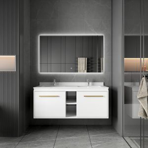 Badrumsm&ouml;bler 120 cm Vit & M&auml;ssing LED-spegel - Nova + Toalettpappersh&aring;llare