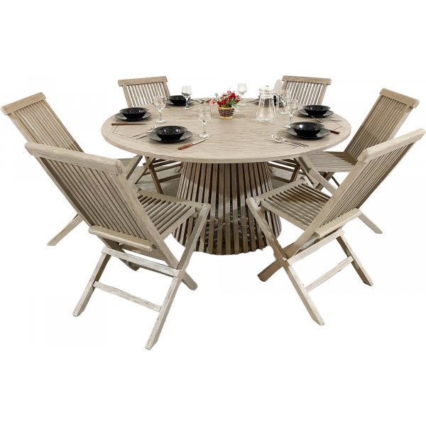 Salt runt konformat matbord - Gr teak + Rengringsspray fr utembler