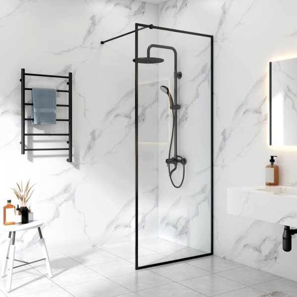 Brusevæg 85x210cm | Aluminium og sikkerhedsglas | Sort ramme Brusevæg 85x210cm | Aluminium og sikkerhedsglas | Sort ramme