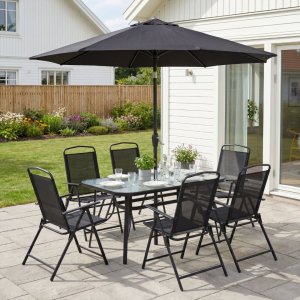 Komplett matgrupp utomhus 6 stolar & parasoll Komplett matgrupp utomhus 6 stolar & parasoll