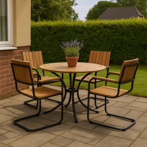 Matgrupp Holmsund bord 100Ø cm med 4st stolar - Svart/acasia Matgrupp Holmsund bord 100Ø cm med 4st stolar - Svart/acasia