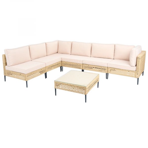 Stor udend�rs hj�rnesofa med bord | Lounges�t i kunstrotting | Creme