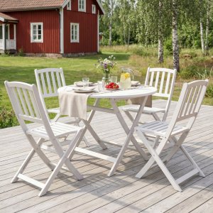 Rund fällbar matgrupp akacia vit – Bord + 4 stolar | FSC trä Rund fällbar matgrupp akacia vit – Bord + 4 stolar | FSC trä