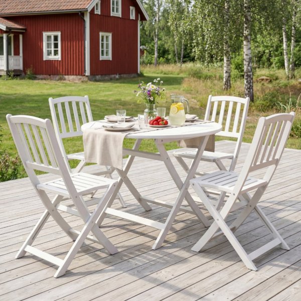 Rund fällbar matgrupp akacia vit – Bord + 4 stolar | FSC trä Rund fällbar matgrupp akacia vit – Bord + 4 stolar | FSC trä