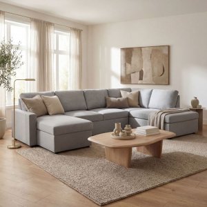U-soffa b�ddsoffa T�rn� v�ndbar med f�rvaring - 304 cm - ljusgr�