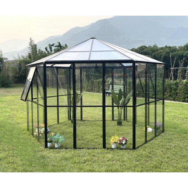 Växthus Miranda med härdat glas - Svart 9,0 m² + Växthusbord Växthus Miranda med härdat glas - Svart 9,0 m² + Växthusbord