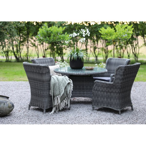 Jacksonville Garten-Essgruppe mit vier Sesseln aus grauem Kunstrattan + Reinigungsspray für Gartenmöbel Jacksonville Garten-Essgruppe mit vier Sesseln aus grauem Kunstrattan + Reinigungsspray für Gartenmöbel