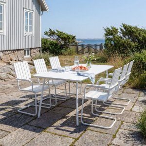 matgrupp utomhus 6 stolar vit 180 cm bord utemöbler + rengöringsspray för utemöbler