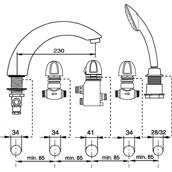 FM Mattsson Badkarsblandare 5-h�ls vulstmontage, 9000