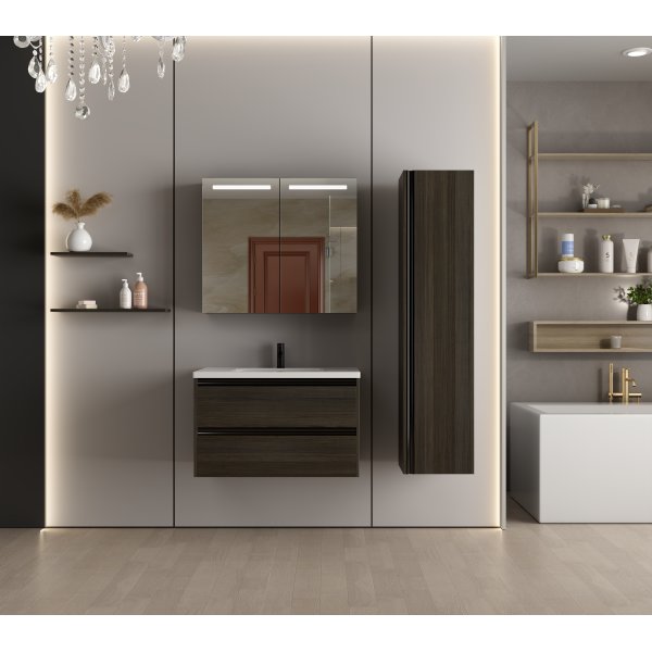 Badrumsm�bel 80 cm med LED-spegelsk�p, H�gsk�p & Keramiskt Tv�ttst�ll � M�rkbrun