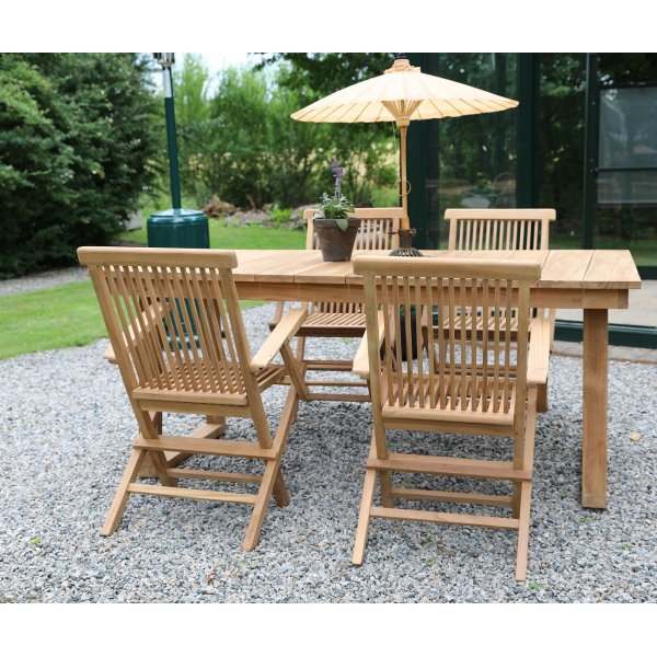 Saltö Outdoor-Essgruppen-Esstisch 180x100 cm mit 4 Saltö-Sesseln - Teakholz + Reinigungsspray für Gartenmöbel Saltö Outdoor-Essgruppen-Esstisch 180x100 cm mit 4 Saltö-Sesseln - Teakholz + Reinigungsspray für Gartenmöbel
