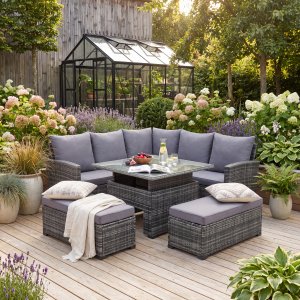 Loungegrupp H�rnsoffa 6�8 Personer med Bord & 2 Pallar � Utem�bler med Dynor och H�rdat Glas